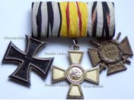 Germany WWI Set of 3 Medals (Baden Order of the Zahringen Lion Merit Cross, Iron Cross 2nd Class. EK2 Maker KO, Hindenburg Cross with Swords for Combatants) Marked DRGM
