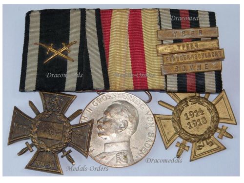Germany WWI Set of 3 Medals (Flanders Cross with Clasps Somme, Ypres, Yser, Flandernschlacht, Hindenburg Cross, Baden Silver Merit Medal)