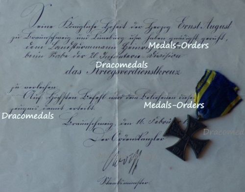 Germany WWI Brunswick EA2 Ernst August's Cross of Military Merit 2nd Class with Diploma to the 79th Infantry Regiment von Voigts Rhetz