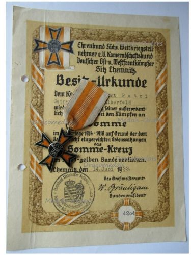 Germany WWI Somme Cross 1914 1918 1st type by Fleck & Sohn with Diploma to NCO