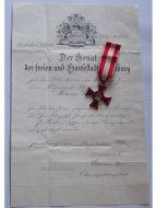 Germany WWI Hamburg Hanseatic War Cross 1914 1918 with Diploma to Rifleman of the 260th Reserve Infantry Regiment Dated 1916