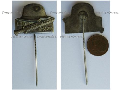 Germany WWI Lubeck Veteran Association Stickpin Badge 1914 1918 Steel Helmet and Sword