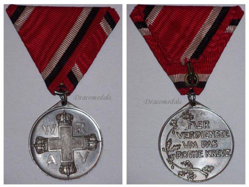 Germany WWI Prussia Red Cross Service Medal 3rd Class in Steel on Trifold Ribbon