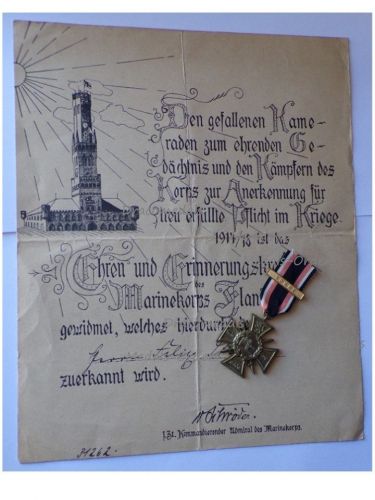 Germany WWI Imperial Navy Veteran Flanders Cross 1914 1918 with Clasp Somme & Diploma