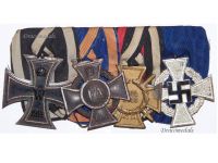 Germany WWII Set of 4 Medals (NSDAP Cross of Loyal Civil Service 2nd Class, Oldenburg Friedrich August Merit Cross 2nd Class FA2, Iron Cross 1914 2nd Class EK2, Hindenburg Cross with Swords Marked A&S)