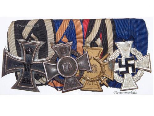 Germany WWII Set of 4 Medals (NSDAP Cross of Loyal Civil Service, Oldenburg Friedrich August Merit Cross FA2, Iron, Hindenburg Cross with Swords A&S)
