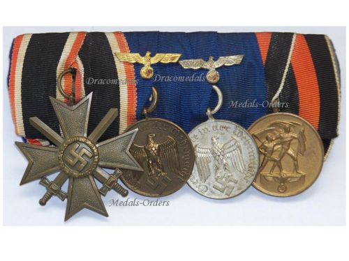 Germany WWII Set of 4 Medals (Military Cross for War Merit with Swords, Long Service Medals 3rd 4th Class with Wehrmacht Navy Eagle, Sudetenland Medal)