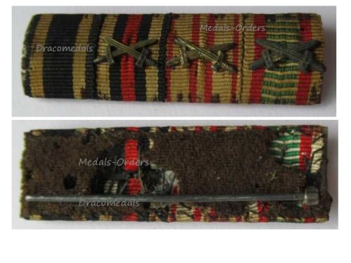 Germany WWI Ribbon Bar of 4 Medals (Iron, Hindenburg Cross, Austrian, Hungarian Pro Deo et Patria, Commemorative Medal with Swords for Combatants)