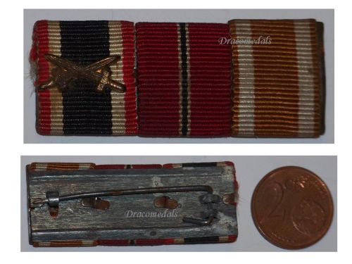 NAZI Germany WWII Ribbon Bar of 3 Medals (WW2 War Merit Cross with Swords, Eastern Front & West Wall Medal)