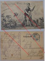 Germany WWI Propaganda Postcard "Michel Reinigt Europa" (Michel Sweeping Europe Clean) Field Post Stamp Trier 1914