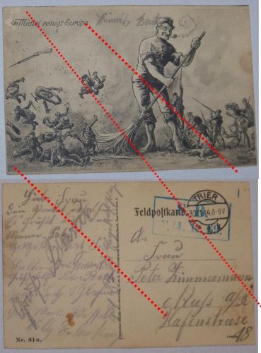 Germany WWI Propaganda Postcard "Michel Reinigt Europa" (Michel Sweeping Europe Clean) Field Post Stamp Trier 1914