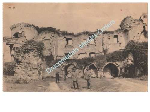 Germany WWI Propaganda Postcard, Brussels, German Officers Armed with Pistol, Medieval Ruins