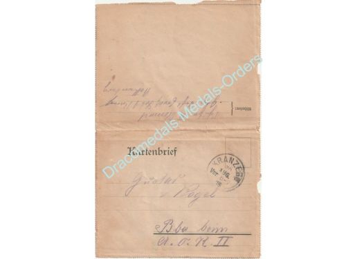 Germany WW1 Letter & Envelope, Field Post Stamp, 1916, Kranzegg, Infanterie Regiment 17