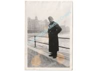 Germany WWII Portrait Photo Wehrmacht Soldier in Greatcoat on Promenade
