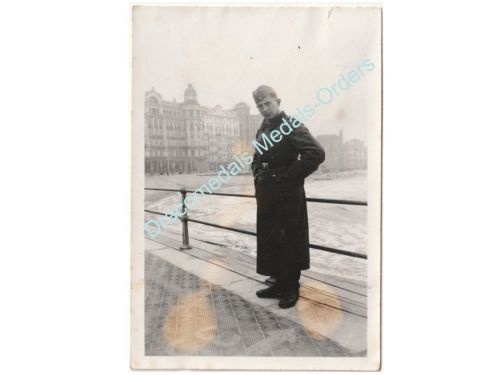 Germany WWII Portrait Photo Wehrmacht Soldier in Greatcoat on Promenade