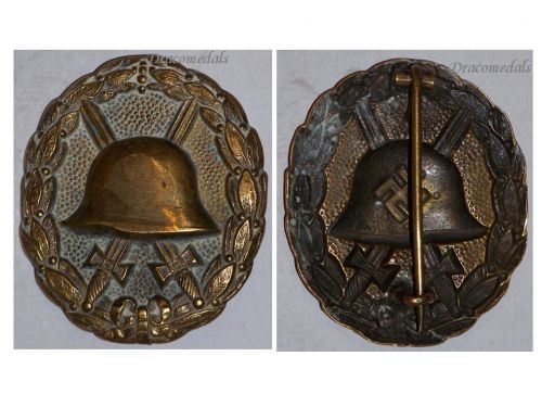 Germany WWII Gold Wound Badge 1939 1st Type for the Legion of Condor in the Spanish Civil War Light Metal Alloy Type (Non Magnetic) Denazified