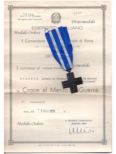 Italy WWII Cross for War Merit 1940 1945 Italian Republic 1949 with Diploma to Infantry Soldier Dated 1955 Based on Royal Decree of 1942
