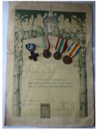 Italy WWI 4 Medal Set with Diploma to Lieutenant (Cross for War Merit, Italian Unification 1848 1918 by CBC, 1915 1918, Victory Interallied Medals by Johnson)