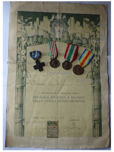 Italy WWI 4 Medal Set with Diploma to Lieutenant (Cross for War Merit, Italian Unification 1848 1918 by CBC, 1915 1918, Victory Interallied Medals by Johnson)
