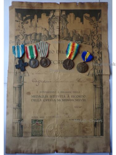 Italy WWI 5 Medal Set with Diploma (Cross for War Merit, Italian Unification 1848 1918 and 1915 1918, 1st Army, Victory Medals)