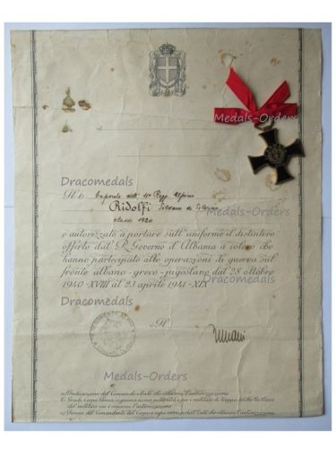 Italy Albania WWII Commemorative Cross of the 11th Army for the Campaign in Greece & Yugoslavia 1940 1941 by Mori with Diploma to an NCO (Corporal) of the 11th Alpine Regiment