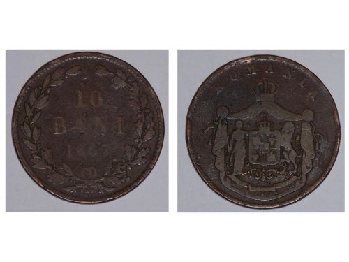 Romania Coin 10 bani 1867 King Carol Romanian Kingdom Bronze Circulated WATT & Co