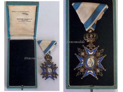 Serbia WWI Order of Saint St Sava 1883 5th Class Knight's Cross 3rd Pattern with Green Robe 1921 1941 Boxed by Freres 