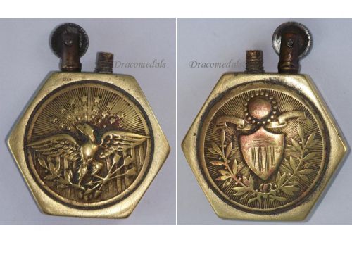 France WWI Trench Art Petrol Lighter Eagle US Army Flag 1917 1918 Hexagonal Type