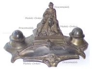 France WWI Trench Art Patriotic Inkwell Sitting Soldier with Adrian Helmets
