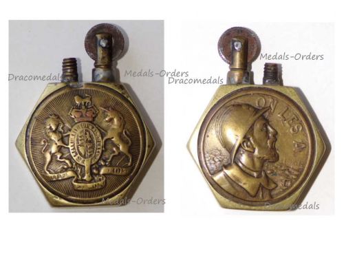 Britain France WWI Petrol Lighter Trench Art British Royal Coat Arms and French Soldier Poilu On Les A