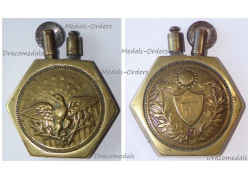France WWI Trench Art Petrol Lighter Eagle US Army Flag 1917 1918 Hexagonal Type